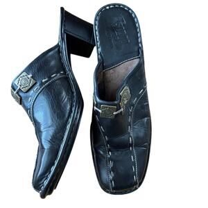 Tsonga Black Leather Heels Mules Womens Size 8 South Africa Slip On Block Heel